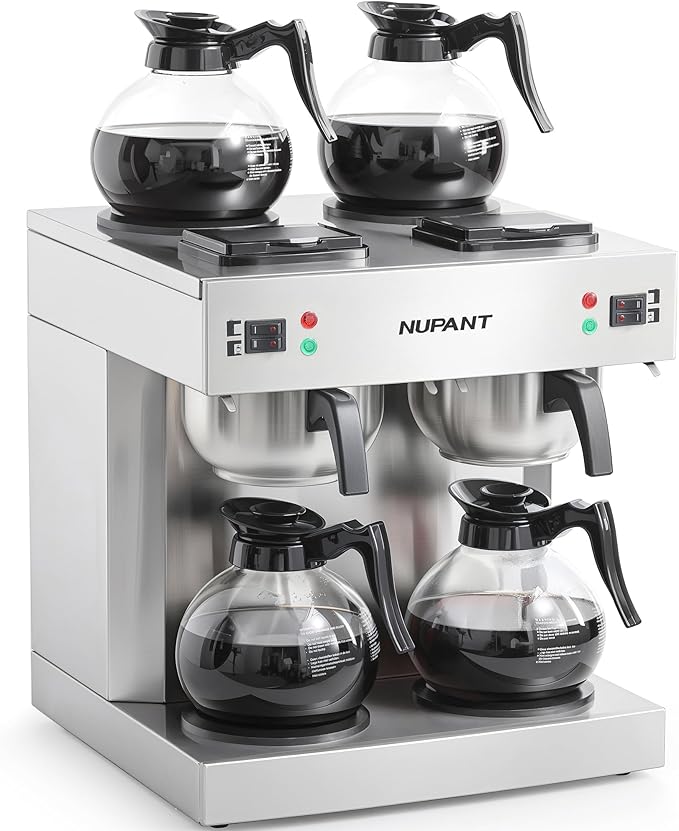 Dual Drip Commercial Coffee Maker, 200 Cup/hour, 7.2L Pour Over Coffee Machine with 4 Glass Carafe and 4 Warmers, Stainless Steel Double Coffee Brewer Staition for Restaurant and COFFEE Bar
