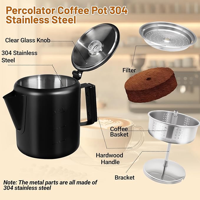 No Coating 9 Cup Percolator Coffee Pot 304 Stainless Steel Moka Pot Stovetop Espresso Maker Italian Greca Cuban Machine 1500ml 50.7oz Suitable for Gas Induction Stovetop Camping Kettle