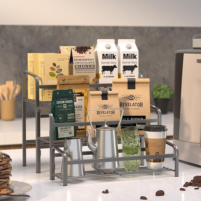 Coffee Syrup Organizer 3-Tier, 12 Bottles Capacity Coffee Syrup Rack, Metal Syrup Stand for Spice, Wine, Liquor, Bottle, Coffee Bar Station Racks Magnetic, No Installation, Grey