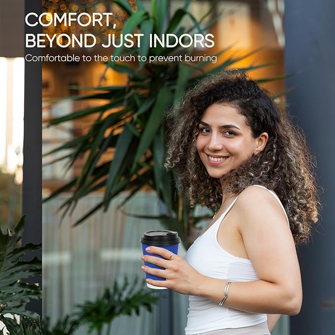 100 Pack 12 oz Disposable Coffee Cups with Lids and Straws, Insulated Ripple Wall To Go Paper Corrugated Cups, Bulk for Hot/Cold Drinks, Cafe Bar, Office, Chocolate, Cocoa (Navy)