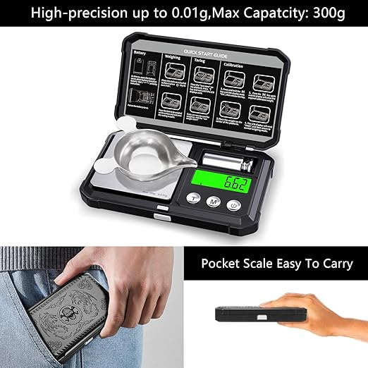 Digital Pocket Gram Scale 300g x 0.01g Accuracy， Small Mini High Precision Jewelry Scale Digital Weight Grams and Oz for Gold,Diamond，Arrows, Powders and Mdicine,with 50g Cal Weights