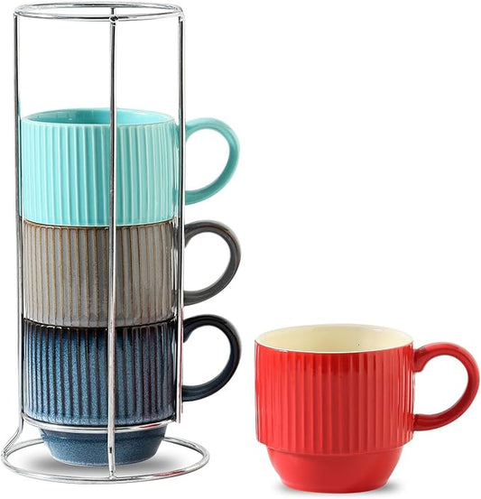 Hasense Coffee Mug Set of 4 with Holder - 12 oz Stackable Large Ceramic Ribbed Latte Cup Set for Cappuccino, Tea, Hot Cocoa, Drinks - Dishwasher & Microwave Safe Multi color