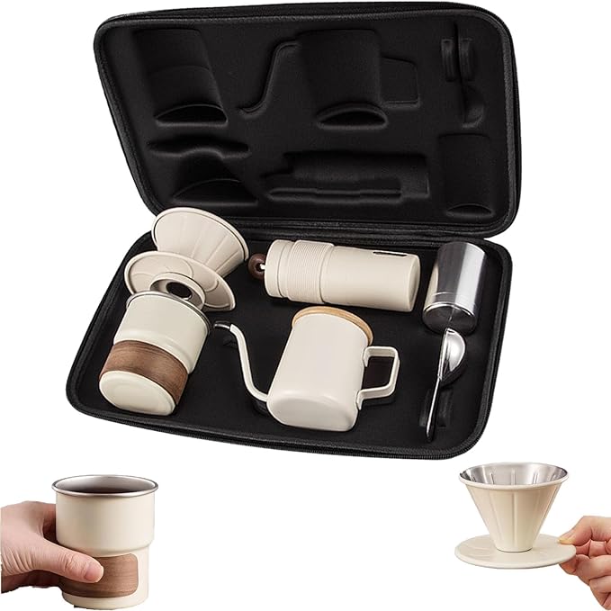 Portable Hand Coffee Maker Set for Camping Travel, Stainless Steel Manual Coffee Kit with Hand Grinder, 350ml Pour Over Kettle, Filter Cup, Cup and Scoop，Suitable for family travel and camping (white)