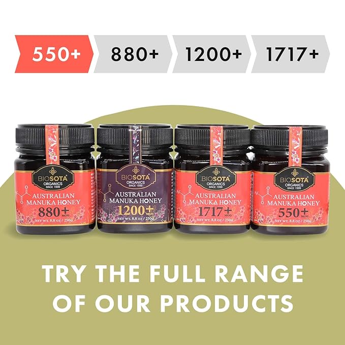 BIOSOTA Organic Manuka Honey MGO 550+ - Medical Grade Manuka Honey from Australia NPA/ULF 15+, 100% Raw Unheated Pure Honey, 8.8oz (550+) (MGO 550+)