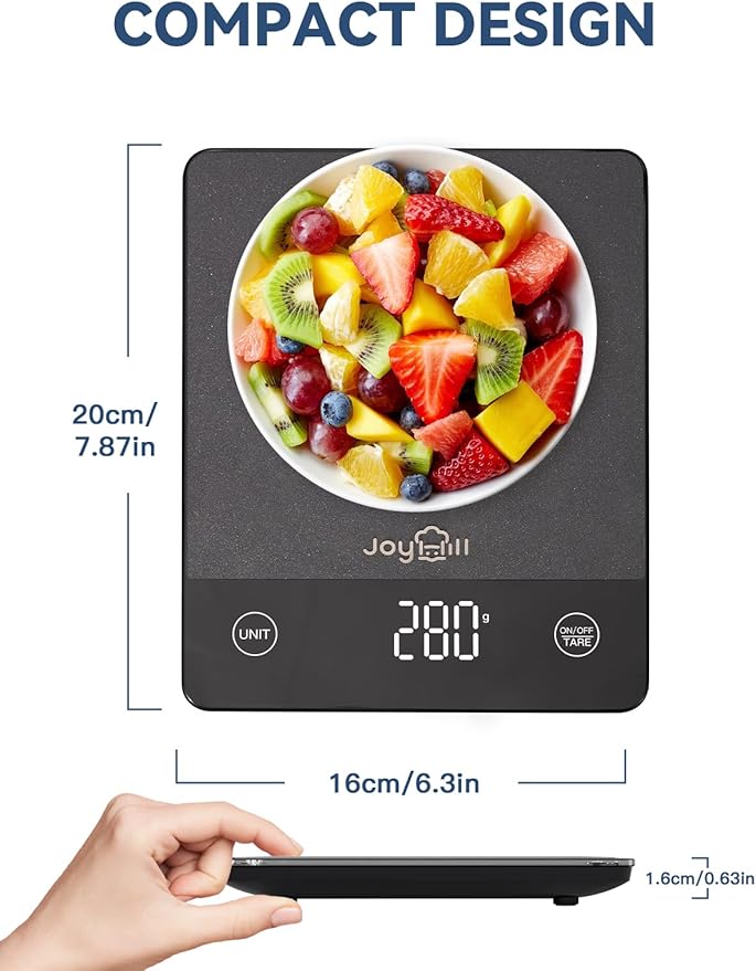 JOYHILL Food Scale, 22lb Digital Kitchen Scale Food Ounces and Grams for Weight Loss, Baking and Cooking, Premium Stainless Steel with LED Display, Batteries Included, Black