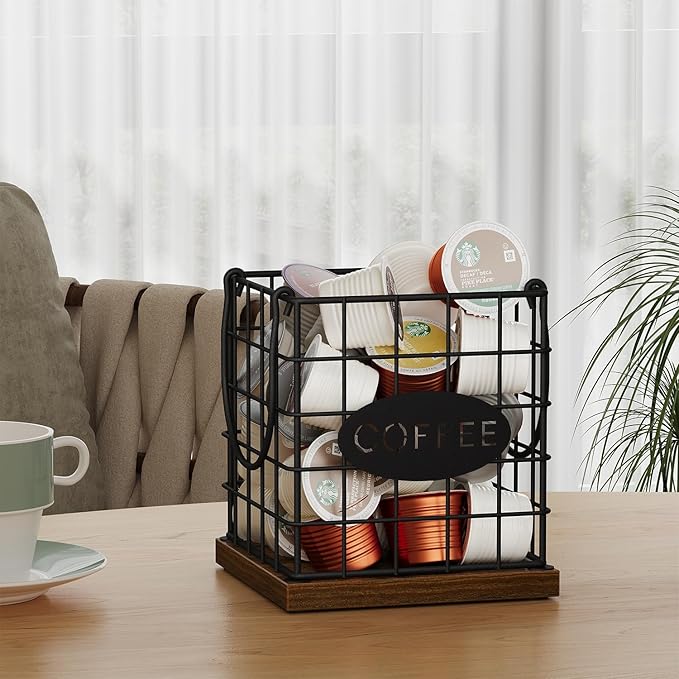YINMIT K Cup Holder Organizer, Rustic Coffee Pod Holder Organizer, 35 Kcup Holder for Counter with Handle，Large Capacity Black Wire Coffee Capsule Basket for Kitchen Office Desktop (Square Grid)