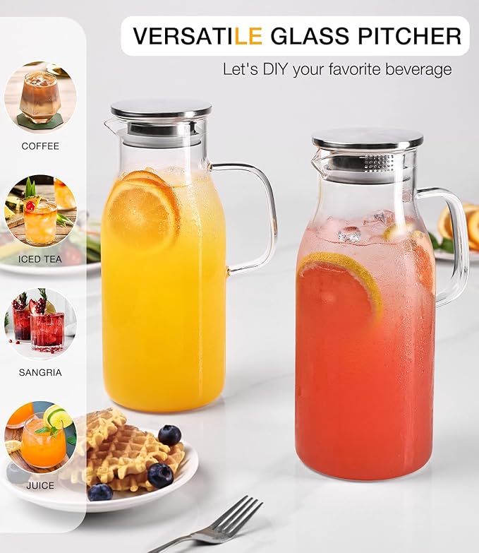Glass Pitcher with Lid, 2 Liter 68oz Water Pitcher with Handle for Fridge, Large Drink Jug for Iced Tea, Coffee, Juice, Borosilicate Glass Carafe for Hot/Cold Brew Beverage, Heat Resistant