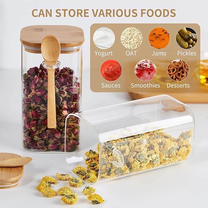 Unbreakable Glass Jars with Airtight Lids and Spoons, 2Pcs Overnight Oats Containers with Lids and Spoons, Glass Food Storage Containers for Coffee Beans, Flour, Sugar, Cookie, Pasta