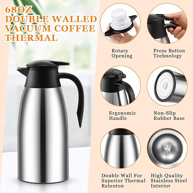 Norme 2 Pcs Thermal Coffee Carafe Insulated Stainless Steel Coffee Carafe for Hot Liquid Vacuum Thermal Pot Creamer Pitcher Dispenser with Brushes Keeping Hot Water Milk(Silver,68 oz)