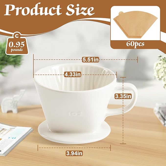 Pour Over Coffee Dripper with 60PCS Paper Filter, Ceramic Pour Over Coffee Maker with 3 Holes Flat Bottom, Porcelain Slow Filter Cone for Travel, Camping, Office, Home, Coffee Maker Brew