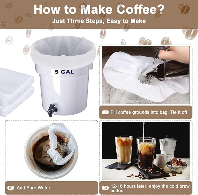 50 Pack Commercial Cold Brew Coffee Filters for 5 Gallon Buckets, 20" X 20" Commercial Cold Brew Bags for Commercial Model Cold Brew Coffee Makers, Brew Up To 5 LBS Coffee