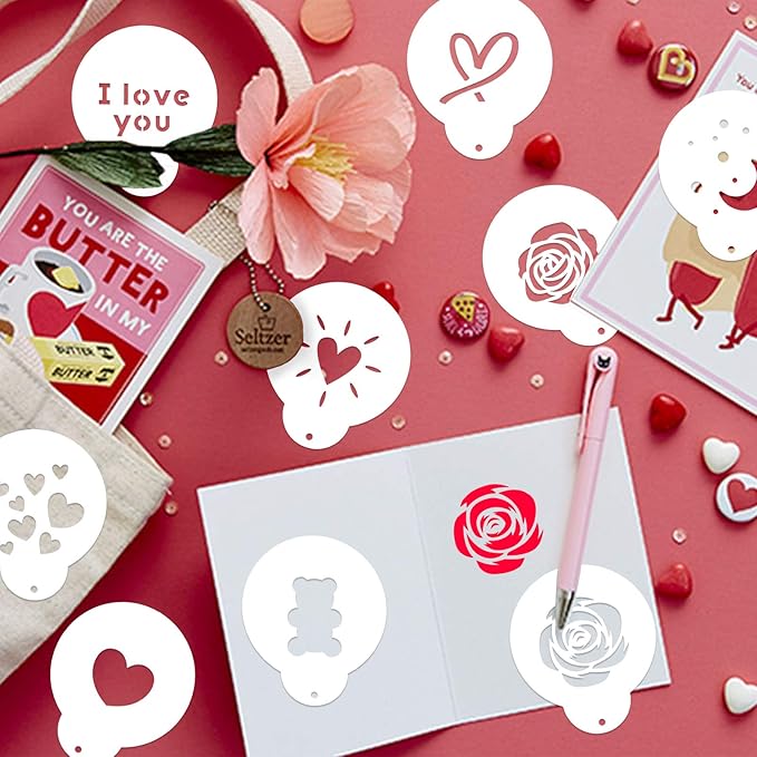 Konsait Coffee Stencil, 15 Pieces Latte Art Stencils for Coffee Decorations, Oatmeal Cupcake Cake Cappuccino Mousse Hot Chocolate Valentines Day