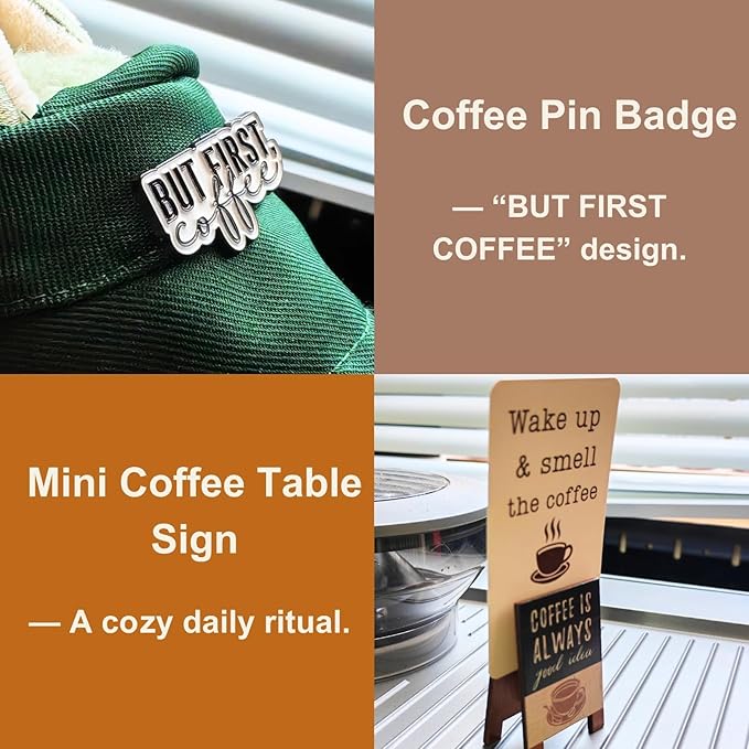 Coffee Bar Accessories Gift Set – Cute Crochet Plush, Cocoa Soap, Barista Must-Have Pin, Coffee Bar Décor Sign – Funny Kitchen Decoration for Drink Lovers & Station Display
