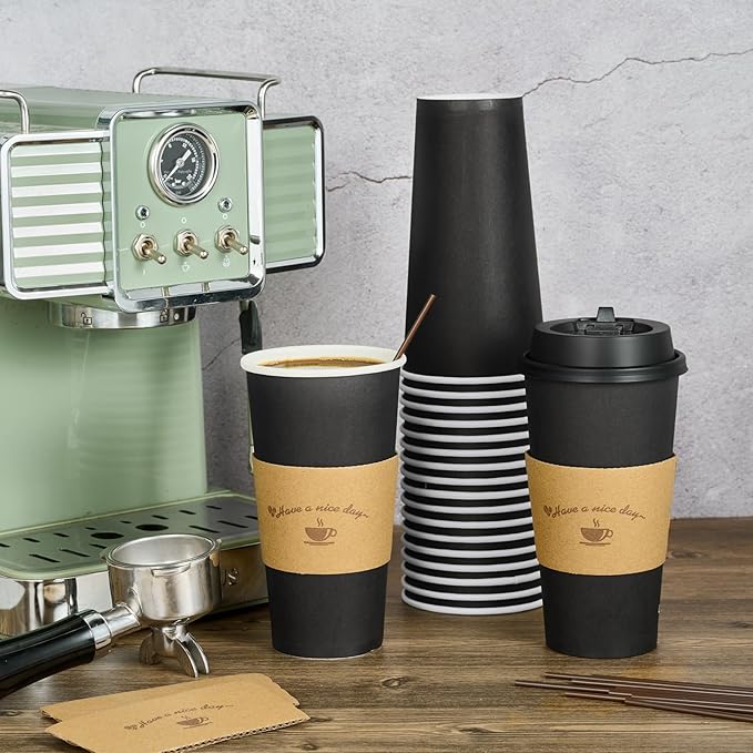 LITOPAK 50 Pack 20 oz Paper Coffee Cups for Hot Chocolate Drinks, Black Disposable Coffee Cups with Lids, Sleeves and Stirring Sticks for Parties, Picnic, Travel, and Events