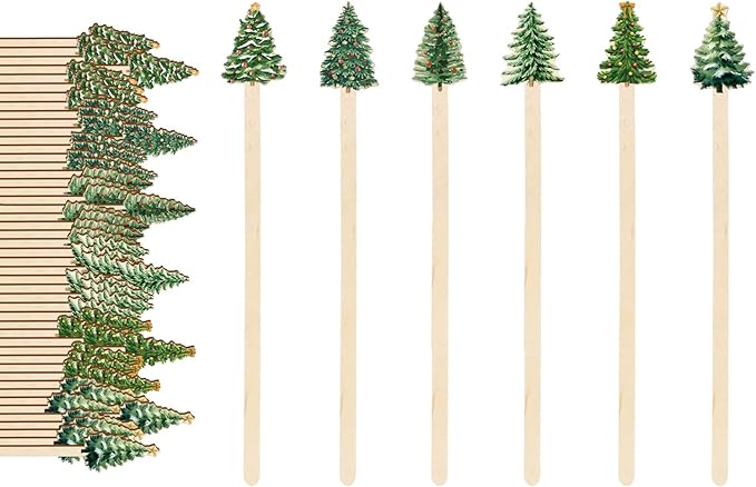120Pcs Christmas Coffee Stirrers Disposable Stir Sticks Watercolor Xmas Tree Wooden Drink Stirrer for Hot Chocolate Milkshake Restaurant Home Office