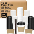 12 oz 500 Pack Coffee Cups with Lids and Sleeves, Straws, Hot Disposable To Go Travel Paper Cups Bulk for Office, Home Coffee Bar Accessories, Chocolate, Cocoa, Beverage (White)