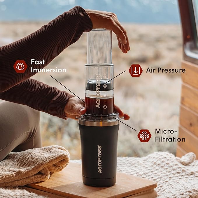 AeroPress Go Plus, Small Portable Coffee Maker Kit, Travel, Camping & Office, All-in-One French Press, Pour-Over & Espresso Style Manual Brewer, 2 Min Brew for Less Bitterness, More Flavor, Black