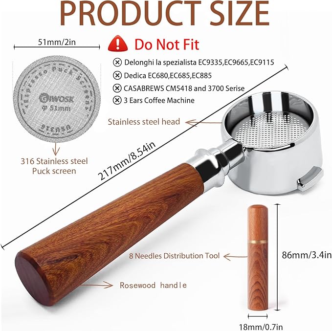 51mm Bottomless Portafilter 2 Ears Stainless Steel Espresso Portafilter Compatible with Delonghi ECP3420/EC155/BCO430/EC260 with Puck Screen Coffee Needle and Walnut Handle