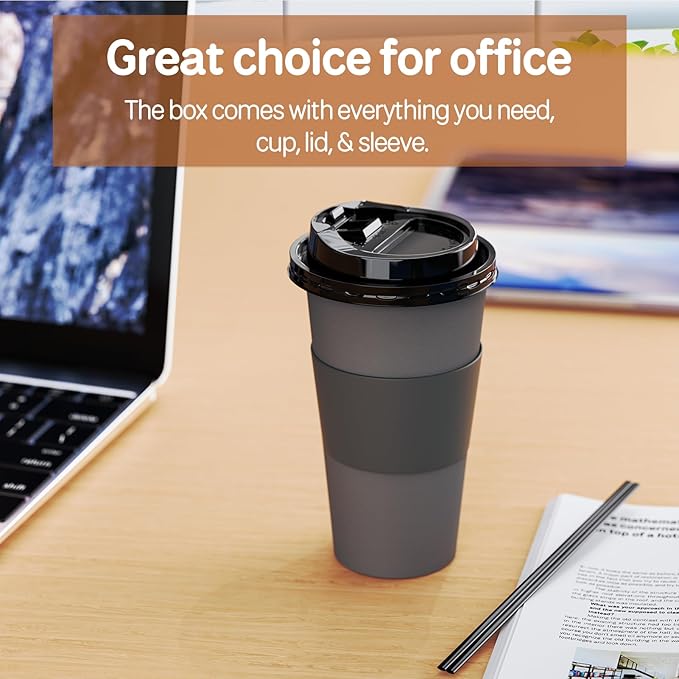 Lamosi 100 Pack 16 oz Disposable Coffee Cups with Lids and Sleeves, Grey Leak-Proof To Go Coffee Cups with Lids, Hot/Cold Beverage White Drinking Cup for Home, Office, Parties, Travel