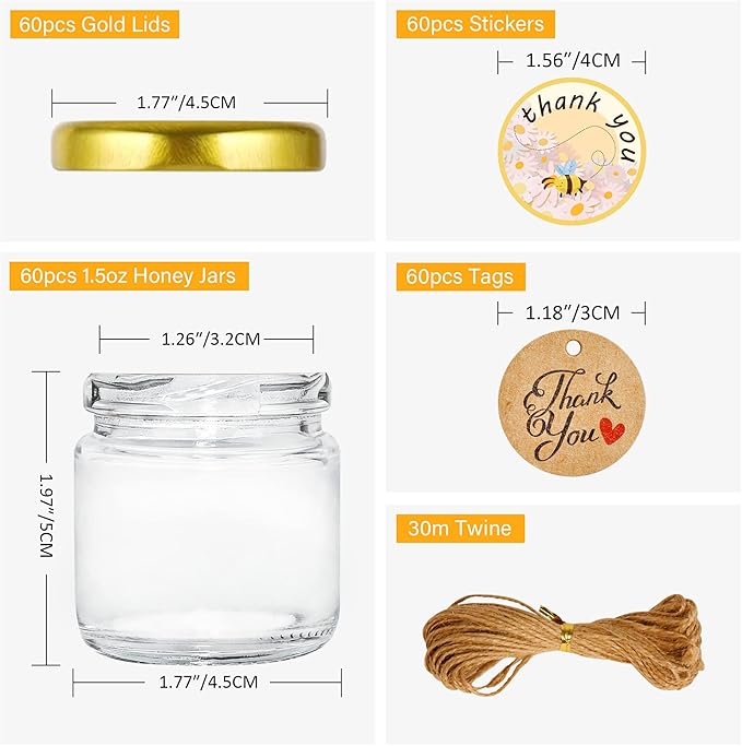 Mini Honey jars 1.5oz, 60 pcs Honey Jars with 60 Bee Stickers,Tags,Jutes Rope,Mini Honey Jars with Lids, Perfect for Candle Jar,Spices,Jams,Baby Shower, Wedding Favors, Party Favors