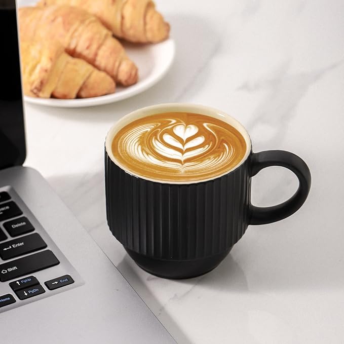Hasense Black Coffee Mug Porcelain Set of 4 with Rack - 12 oz Stackable Coffee Cups Ceramic, Modern Ribbed Latte Cup Sets for Cappuccino, Tea, Espresso, Hot Cocoa, Drinks - Dishwasher & Microwave Safe