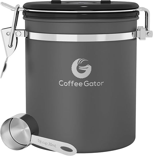 Coffee Gator Stainless Steel Canister - Medium 16oz, Gray Coffee Grounds and Beans Container with Date-Tracker, CO2-Release Valve, and Measuring Scoop - Ideal Coffee Lovers Gifts