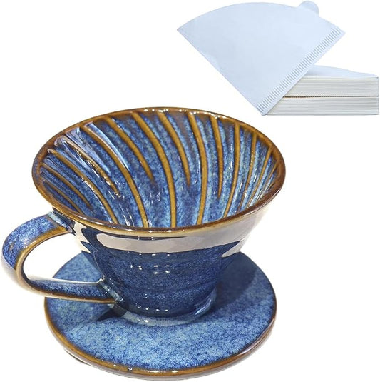 Ceramic Coffee Dripper includes 50 Filters 01 Pour Over Coffee Maker Porcelain V 60 Hand Brewed Set Pottery Artisanal Drip Brew Barista Gift for 1-2 People Travel Camping Office Home