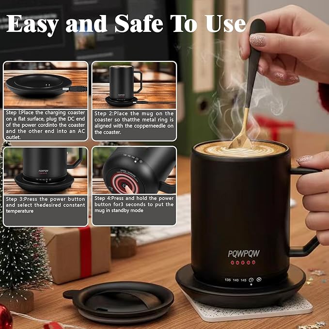 Smart Temperature Control Heated Coffee Mug - 12 oz Rechargeable Auto Heat Keeping Cup, 3-Level Settings/Dry-Boil Protection, Portable for Office Home Gift (Black)