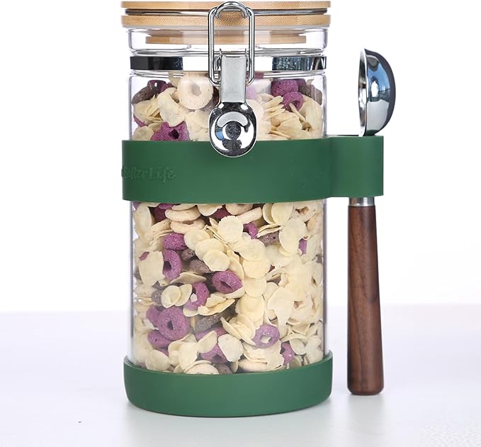 KKC Airtight Coffee Canister, Glass Coffee Bean Storage Contaienr with Silicon Scoop Holder, Non-Slip Silicon Coffee Storage Canister with Spoon for 1 lb Bean,40 Fluid-oz, Green