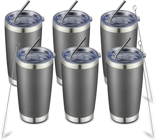 COMOOO 20oz Double Wall Vacuum Insulated Travel Mug, Stainless Steel Tumbler with Lid, Durable Powder Coated Insulated Coffee Cup for Cold & Hot Drinks (Cold Grey, 6 Pack)
