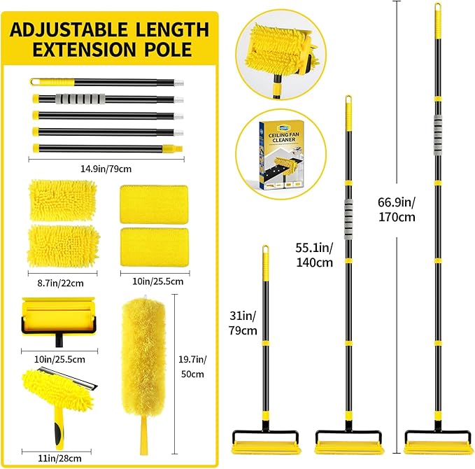 High Ceiling Fan Cleaner Duster for Fans Blades Cleaner with 78.7in Extension Pole Extra Long Handle Cleaning Tool，Reusable Chenille & Microfiber Mop Head for Baseboard Wall Floor Window Glass Wiper