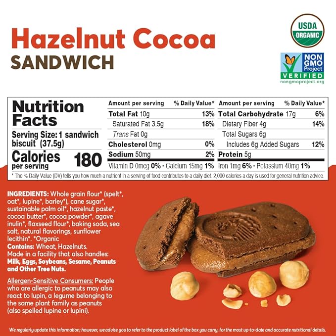 Olyra Hazelnut Cocoa Sandwich Breakfast Biscuits, Healthy Snacks for Adults and Kids, Low Sugar, High Fiber, Organic Vegan Cookies, with Ancient Greek Grains, USDA Certified Organic, Non GMO, 24 Packs