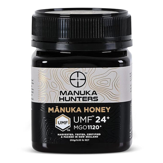 Manuka Hunters UMF 24+/MGO 1120+ Certified New Zealand Manuka Honey - 100% Pure Natural Sweetener - Gluten, Dairy Free - Ideal for Tea, Coffee, Smoothies, and Baking - Sustainable - 8.8oz/250g Jar