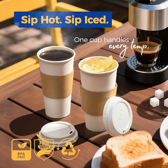 Fit Meal Prep 100 Pack 20 oz Disposable Coffee Cups with Lids, Sleeves, Leak-Proof To Go Coffee Cups with Lids, Durable Hot Paper Cups for Home, Office, Party, Business