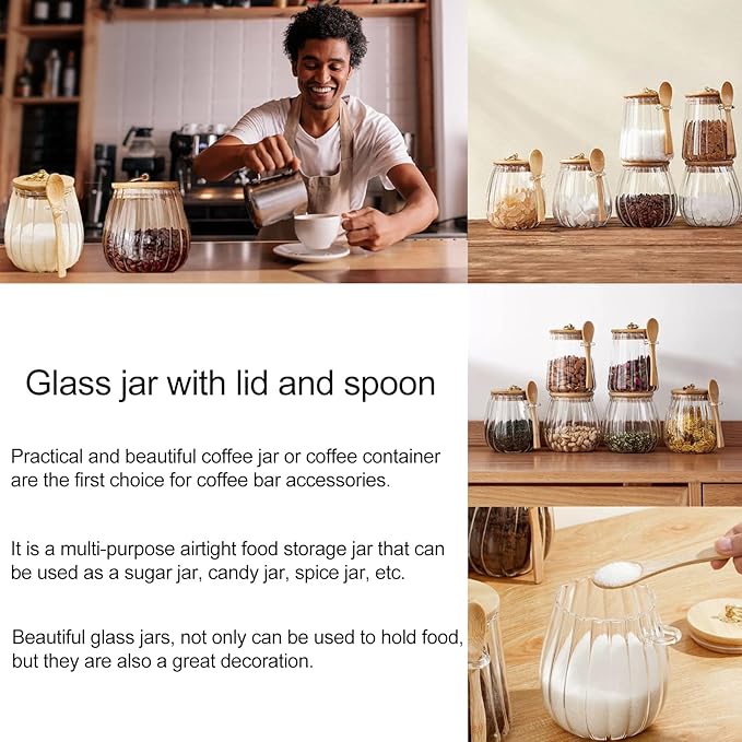 CNWSGEM Sugar Bowls Sugar Container 25.36 FL OZ Glass Coffee Canister Airtight Food Storage Jar with Lid and Spoon Candy Jar Coffee Bar Accessories Storage Beans Powder (Oval)