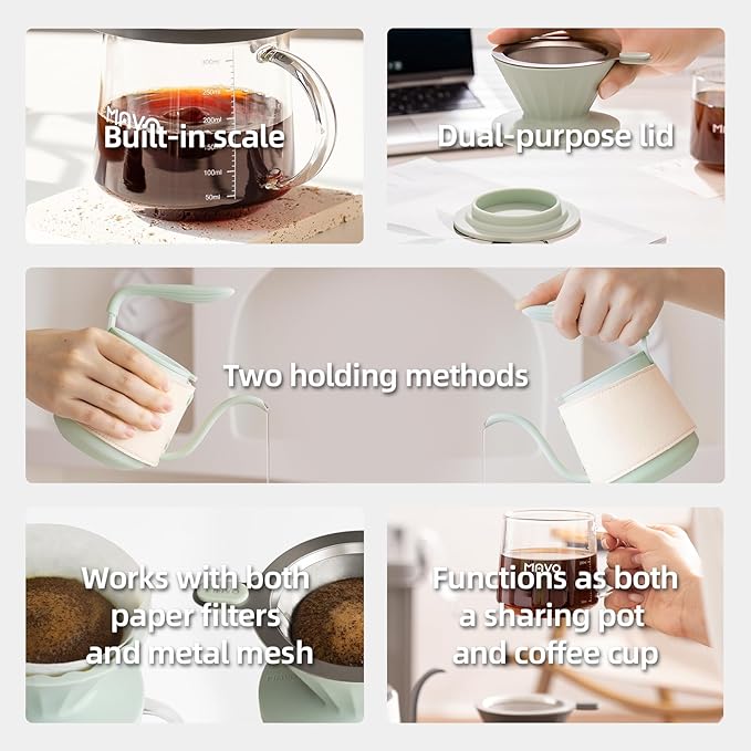 Pour Over Coffee Maker Set, Pour Over Kettle, Coffee Dripper, Glass Coffee Server with Scale, Stainless Steel Filter (Green)