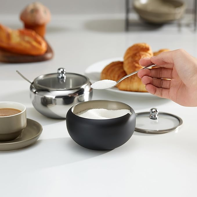 KooK Sugar Bowl, Sugar Bowl with Lid and Spoon, Sugar Container with Lid, for Salt, Coffee, Holds 2 Cups, Dishwasher Safe, Matte Black, 16 Oz