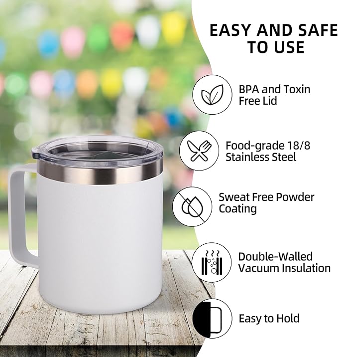 Volhoply 14oz Insulated Stainless Steel Coffee Mug with Lid Bulk 8 Pack,Not Suitable for Sublimation,Double Wall Vacuum Travel Coffee Cup with Handle, Reusable Metal Camping Mugs Keep Cold(White,8)
