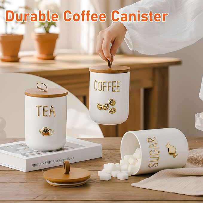 jessie 27oz Ceramics Coffee Canisters with Airtight Seal Bamboo Lid Silicone,Coffee Bean Storage for Kitchen Countertop,Food Storage Jars for Coffee Bean Ground Coffee Sugar and Tea(White)