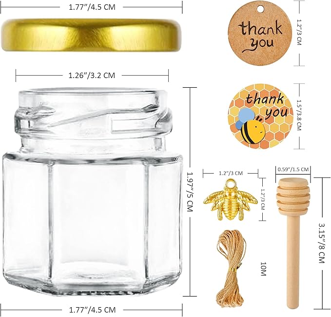 1.5oz Mini Glass Honey jars 40 pack,Small Hexagon Honey Jars with Dipper Empty Glass Jars for Baby Shower Wedding Favors Party Favors