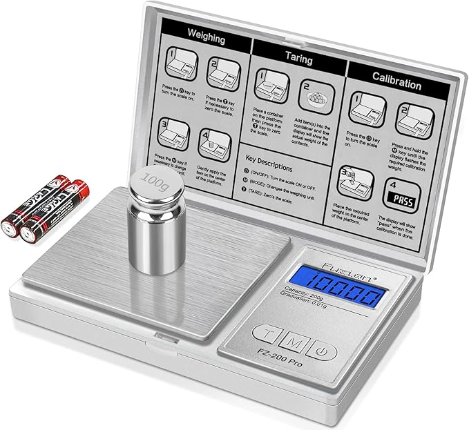 Fuzion Digital Pocket Scale .01 Gram Accuracy, 200g Digital Gram Scales for Small Food, Jewelry, Herb, Spice, Coin - Weight Gram and Oz - 100g Calibration Weight