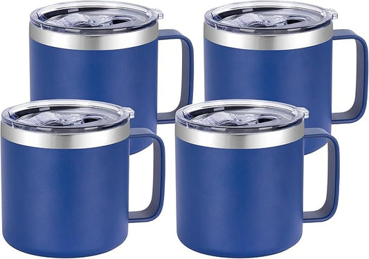 VEGOND 14 oz Insulated Coffee Mug Bulk with Handle, Stainless Steel Travel Coffee Mug with Lid, Double Wall Vacuum Metal Coffee Cup, Coffee Tumbler Powder Coated, Navy Blue 4 Pack