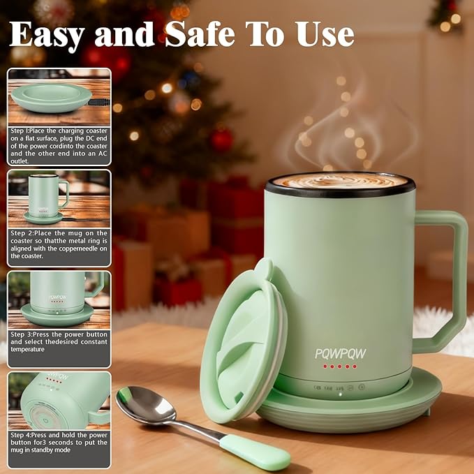 Smart Temperature Control Coffee Cug Heated Coffee Mug rechargeableAuto Sleep/3-Level Temperature Setting Self-Heating Coffee Mug (Green)