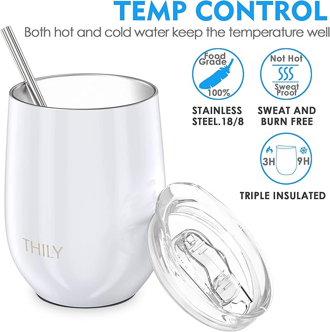 THILY Stainless Steel Insulated Wine Tumbler 4 Pack Stemless Wine Glasses with Splash-proof Lids, Metal Straws, Keep Cold for Coffee, Drinks, Christmas Gifts, Pearl White