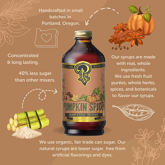 Portland Syrups Pumpkin Spice Syrup - Organic Pumpkin & Ginger Coffee Syrup for Lattes, Mocktails, & Baking - Rich Flavor - Organic Cane Sugar - Natural Ingredients - 12 oz Bottle, 12 Servings