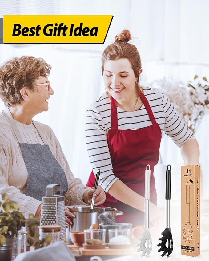 Pack of 2 Silicone Pasta Fork, Kitchen Heat Resistant Noodle Spoon Server, BPA Free Spaghetti Strainer, Best Cooking Tools (BLACK-WHITE)