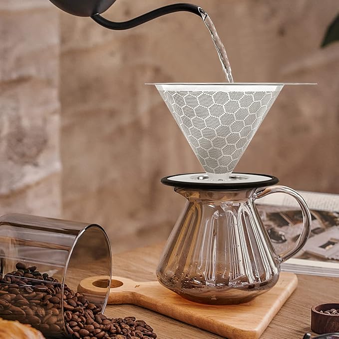 LHS Pour Over Coffee Dripper Reusable Coffee Filter Metal Cone Filter Paperless Coffee Filter Stainless Steel Pour Over Coffee Maker Single Cup Brew Coffee Filter, Double Mesh
