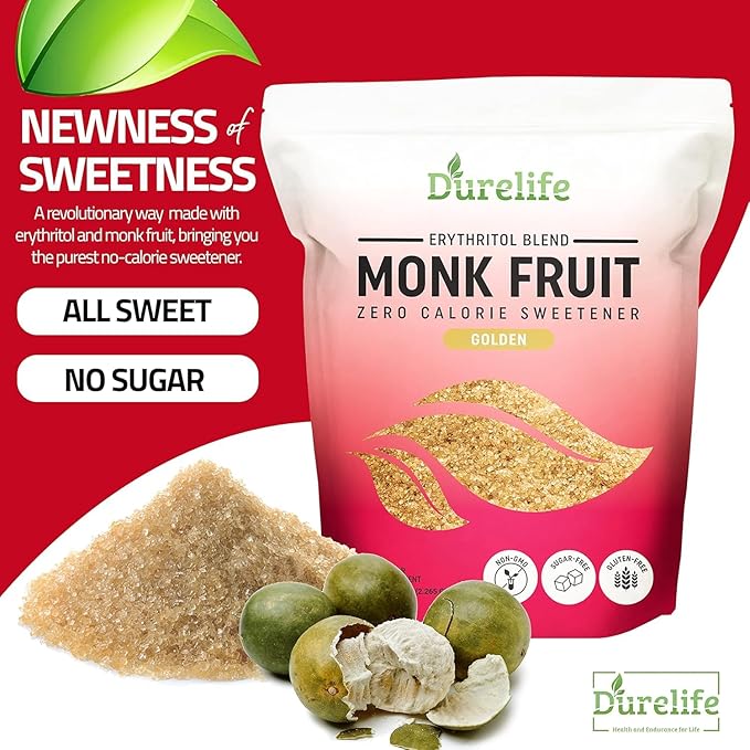Durelife Golden Monk Fruit Sweetener, 1:1 Sugar Replacement, Keto Diet Friendly, Zero Calorie, Kosher Sugar Substitute Crystal, Golden - 5 lb Bulk Size (Packaging May Vary)