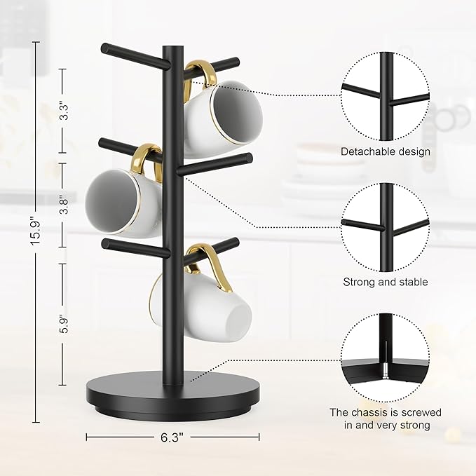 Wisuce Coffee Mug Holder Tree Upgraded 360Rotated Cup Holder for Counter Black Wood Cup Tree Mug Rack Organizer Stand with 6 Hooks for Kitchen Coffee Bar Accessories