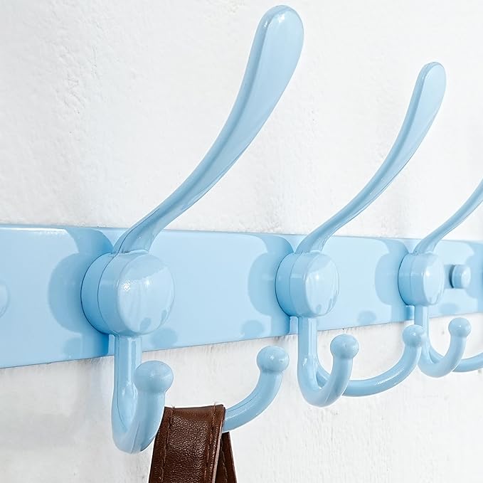 Dseap Coat Rack Wall Mount - 29.5” Long 8-Tri-Hooks Heavy Duty Coat Hanger Rail Wall Hooks for Hanging Coats Hats Clothing Clothes Purse Mudroom Entryway, Blue